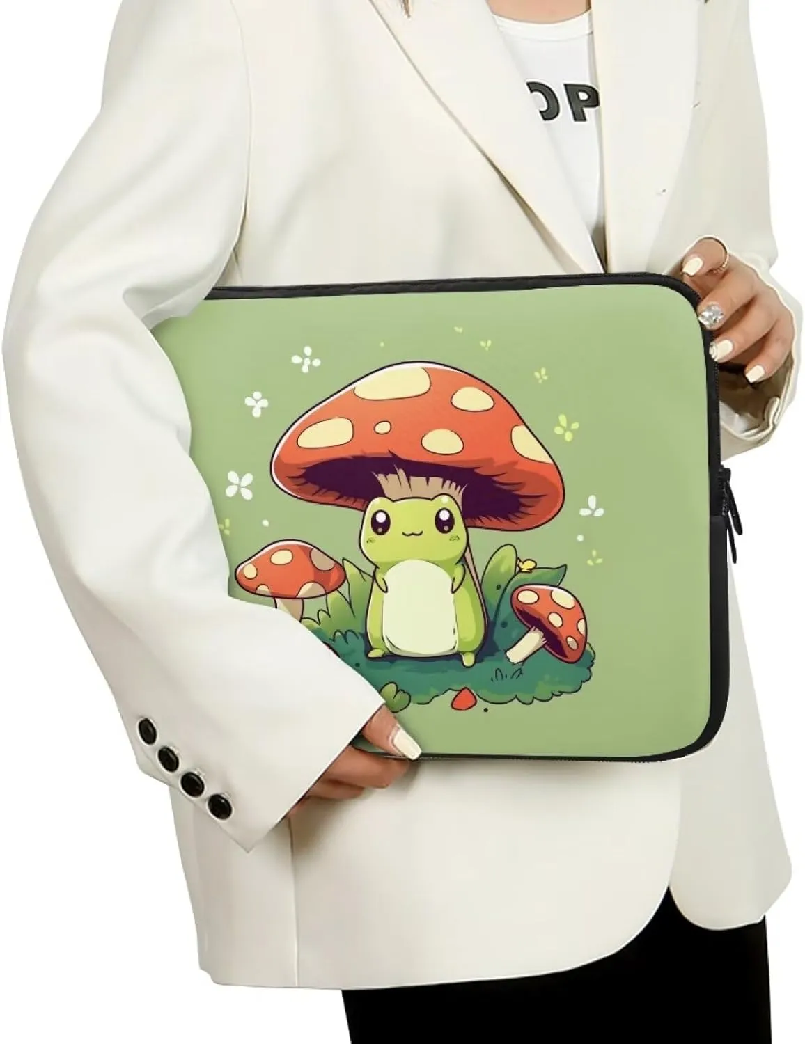Cute Frog Laptop Protective Sleeve for Women Men 15 Inch Computer Sleeve Neoprene Laptop Bag Mushroom Lap Top Case Suitable for Travel School Office Organizers Green