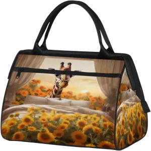 Cute Giraffe Bed Sunflowers Field Gym Bag for Women Men, Travel Sports Duffel Bag with Trolley Sleeve, Waterproof Sports Gym Bag Weekender Overnight Bag Carry On Tote Bag for Travel Gym Sport