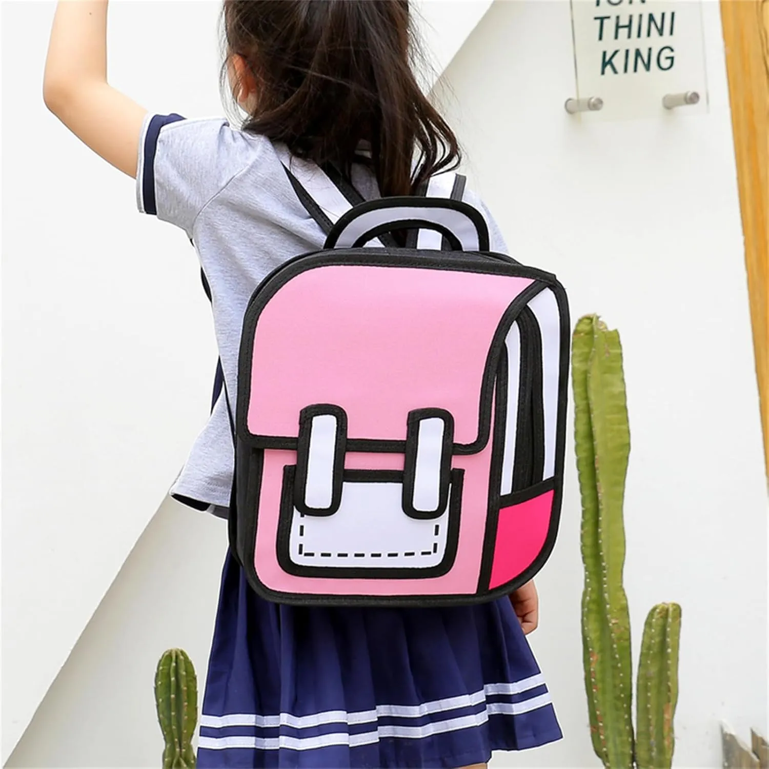 Cute Kids Cartoon Backpack for Boys and Girls, Toddler 2D Drawing Style Comic Fun weird School Pack Bag, Children Jump From Paper Anime Funny Kids Bookbag (pink)