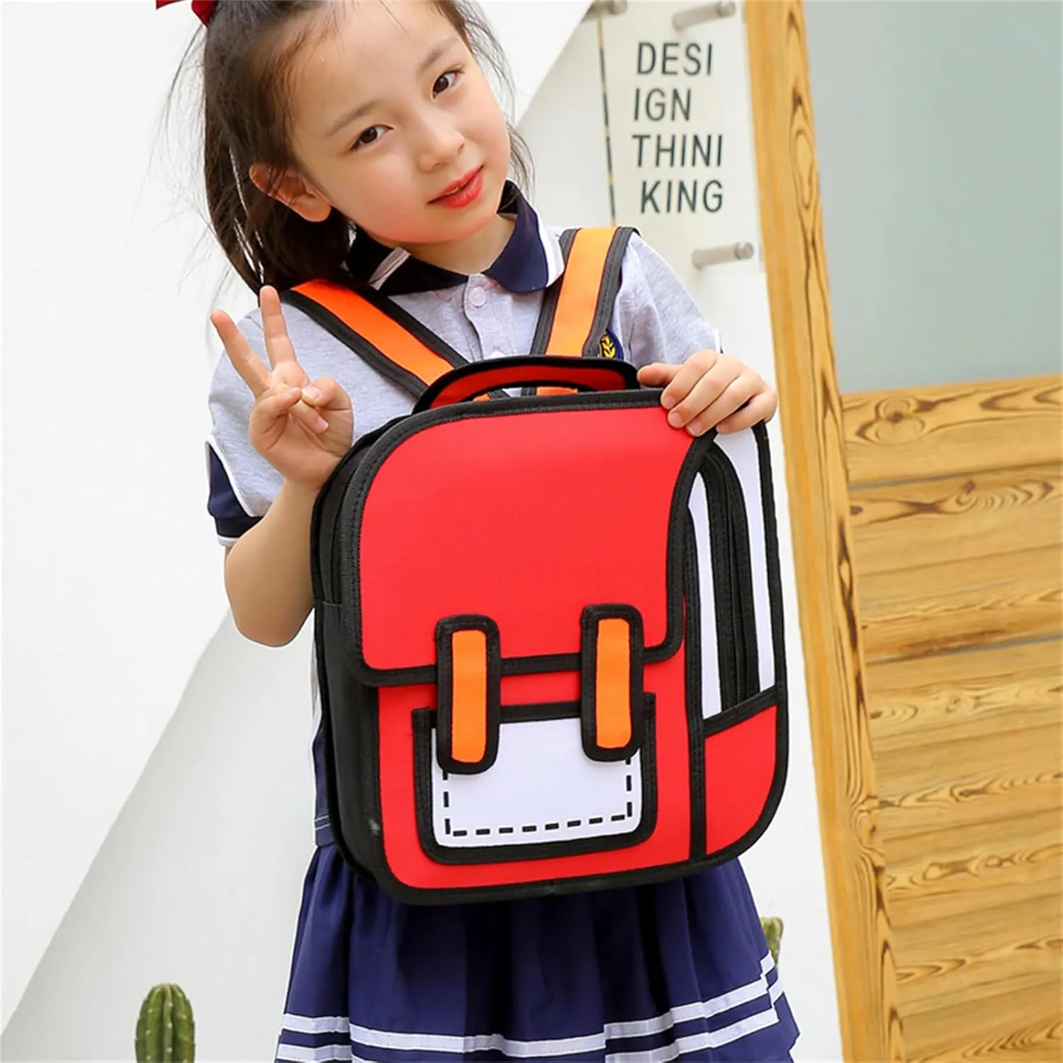 Cute Kids Cartoon Backpack for Boys and Girls, Toddler 2D Drawing Style Comic Fun weird School Pack Bag, Children Jump From Paper Anime Funny Kids Bookbag (red)