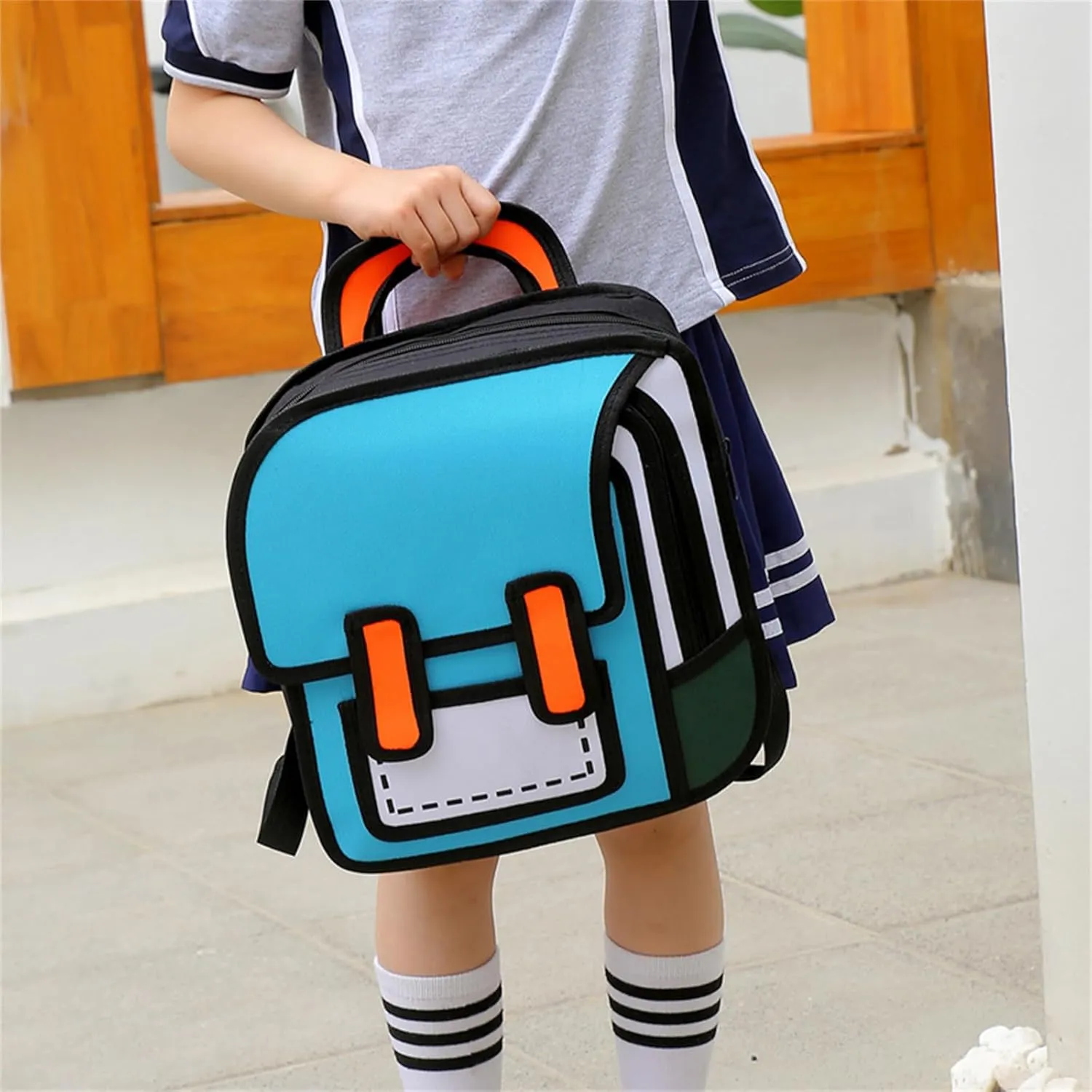 Cute Kids Cartoon Backpack for Boys and Girls, Toddler 2D Drawing Style Comic Fun weird School Pack Bag, Children Jump From Paper Anime Funny Kids Bookbag (sky blue)