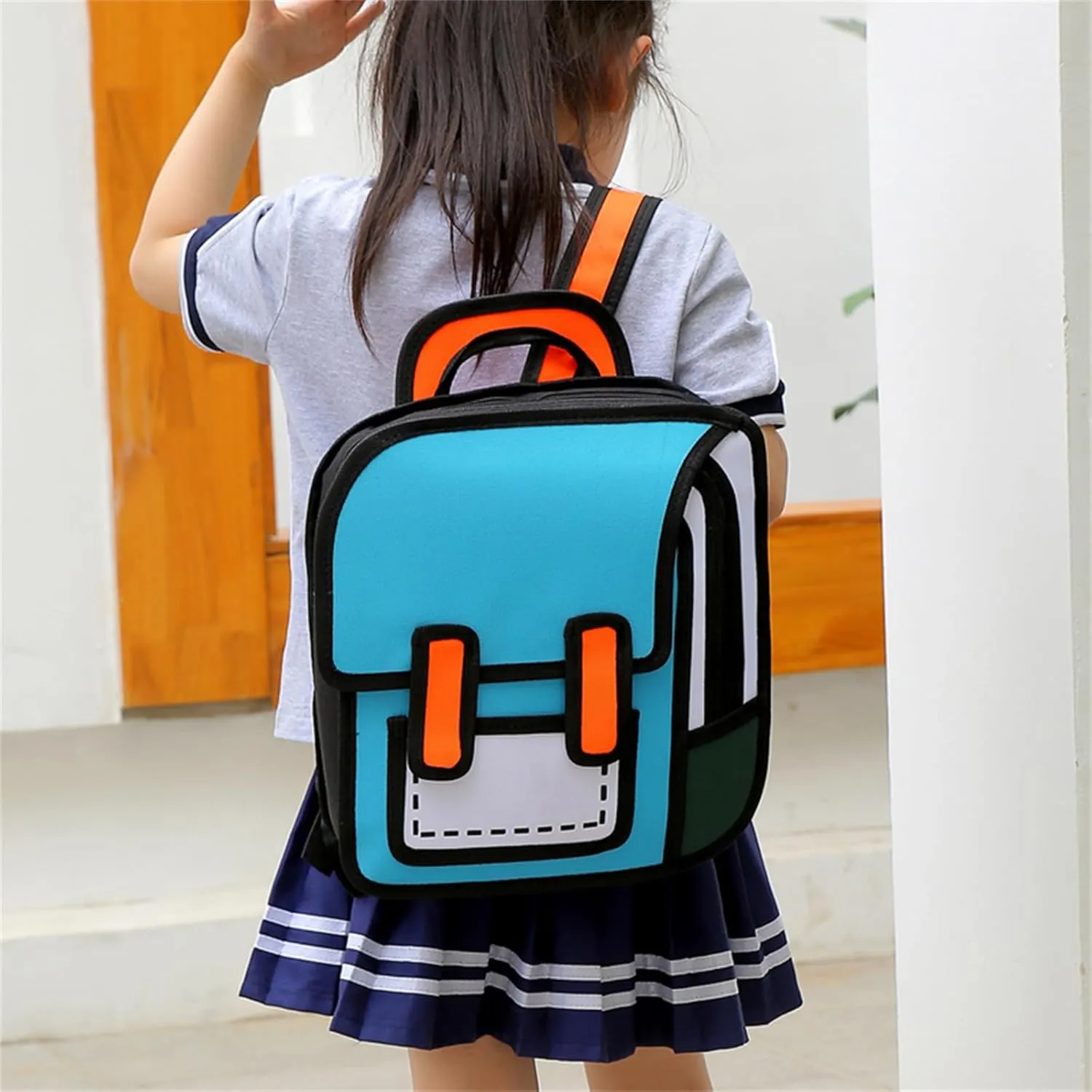 Cute Kids Cartoon Backpack for Boys and Girls, Toddler 2D Drawing Style Comic Fun weird School Pack Bag, Children Jump From Paper Anime Funny Kids Bookbag (sky blue)
