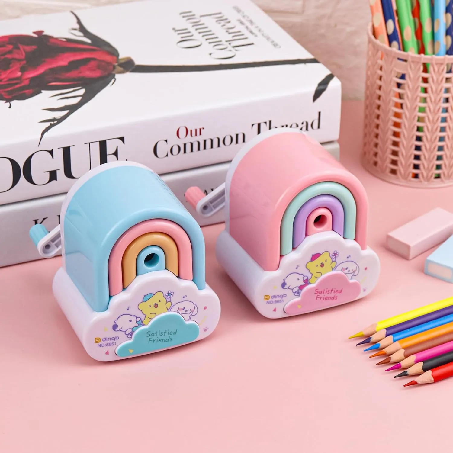 Cute Pencil Sharpener, Kawaii Sharpener Small Handheld Cartoon Pencil Sharpener, Fun Manual Pencil Rainbow Sharpener for Home School Office Supplies Kids Boys Girls and Adults Students (2 Pcs)
