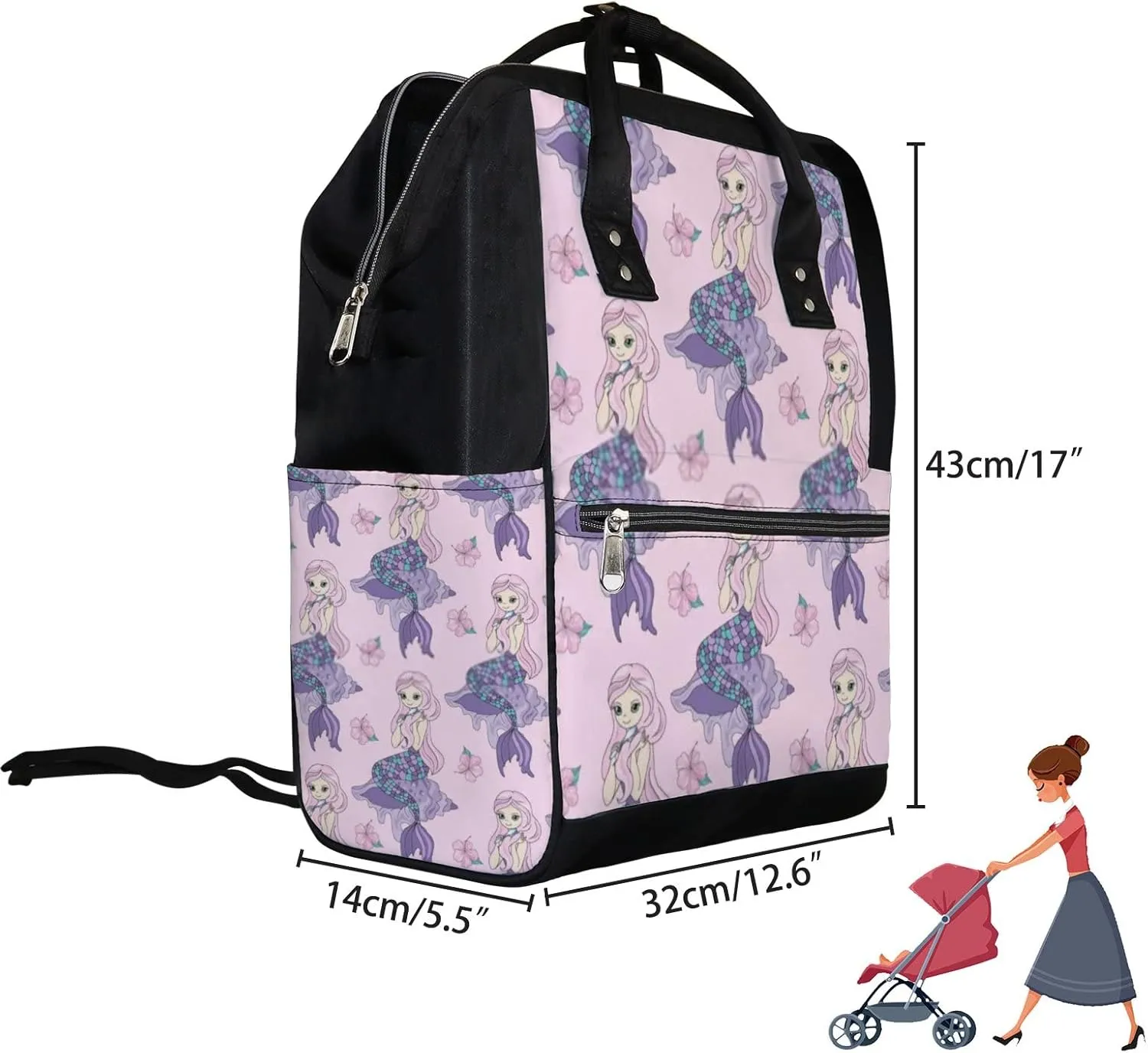 Cute Pink Beauty Mermaid Diaper Bag Backpack, waterproof backpack Baby Nappy Changing Bags Laptop Backpack for Travel, Large Capacity, Durable and Stylish for Woman and Men.
