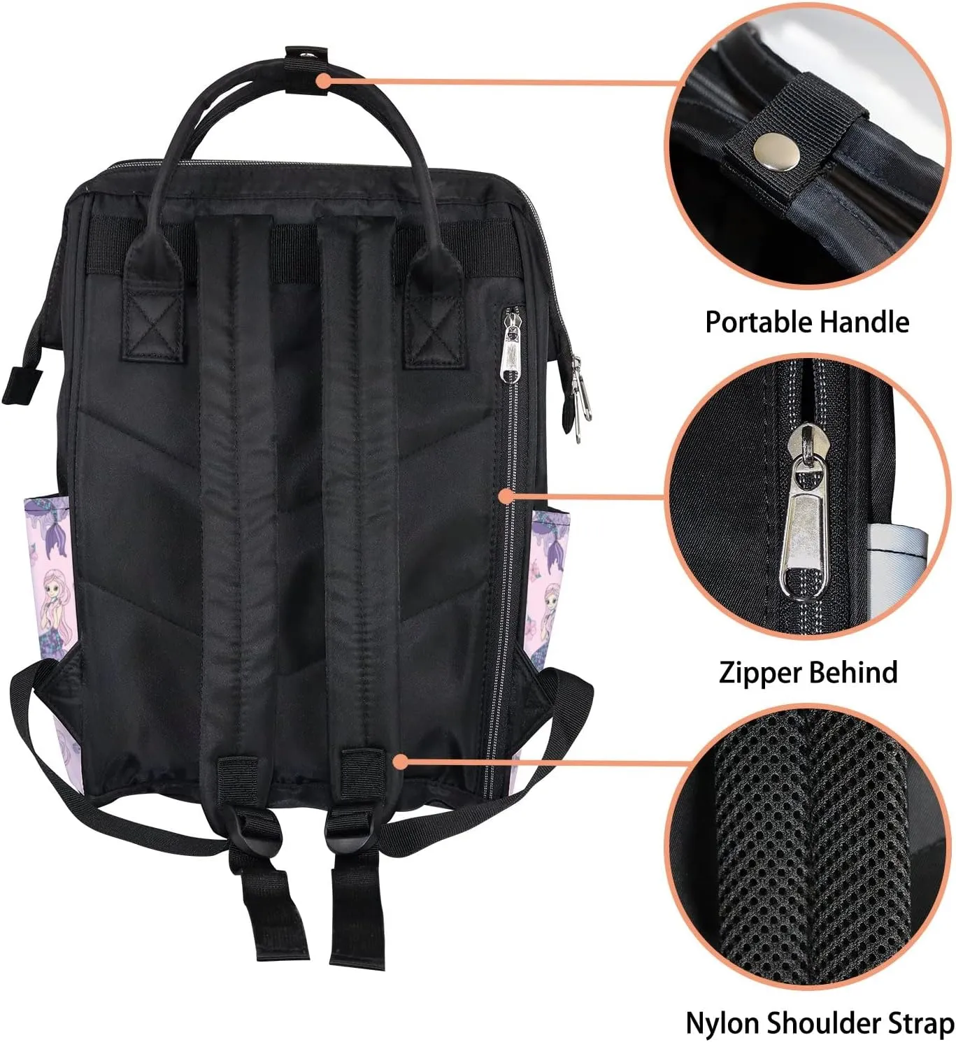 Cute Pink Beauty Mermaid Diaper Bag Backpack, waterproof backpack Baby Nappy Changing Bags Laptop Backpack for Travel, Large Capacity, Durable and Stylish for Woman and Men.