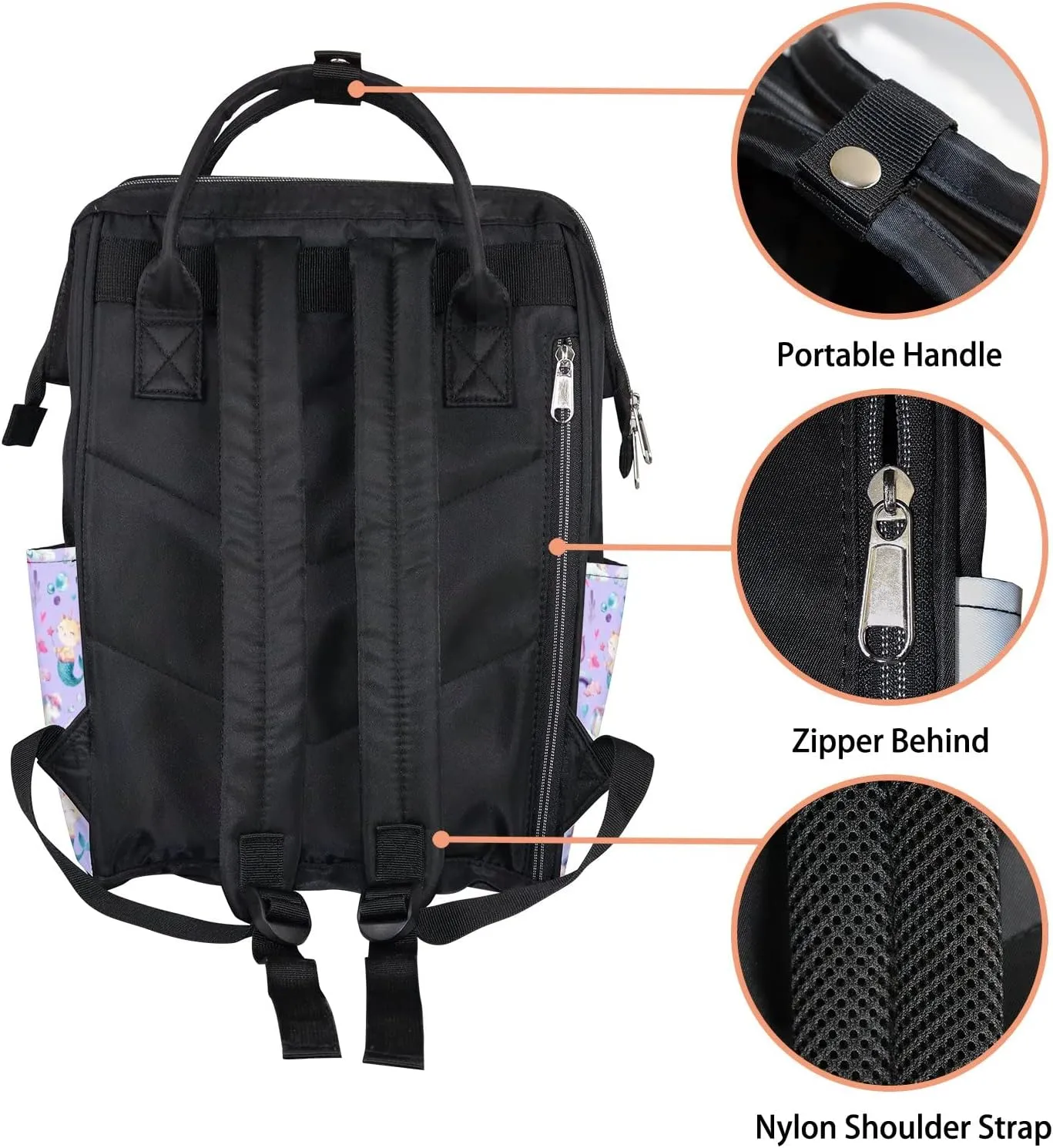 Cute Purple Red Baby Pony Mermaids Diaper Bag Backpack, waterproof backpack Baby Nappy Changing Bags Laptop Backpack for Travel, Large Capacity, Durable and Stylish for Woman and Men.