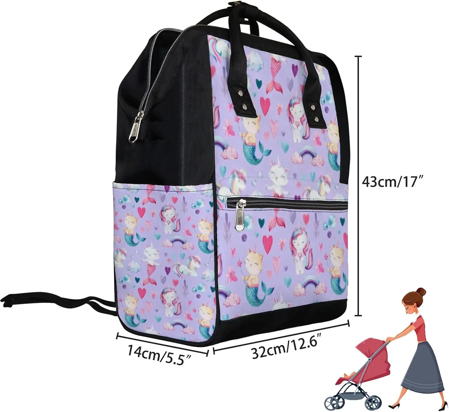 Cute Purple Red Baby Pony Mermaids Diaper Bag Backpack, waterproof backpack Baby Nappy Changing Bags Laptop Backpack for Travel, Large Capacity, Durable and Stylish for Woman and Men.