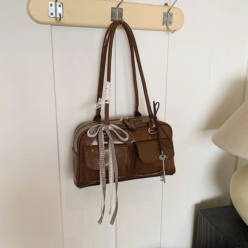 Cute Shoulder Bag for Women, Y2K Purse Aesthetic Japanese Tote, Burgundy Leather Bow Purse