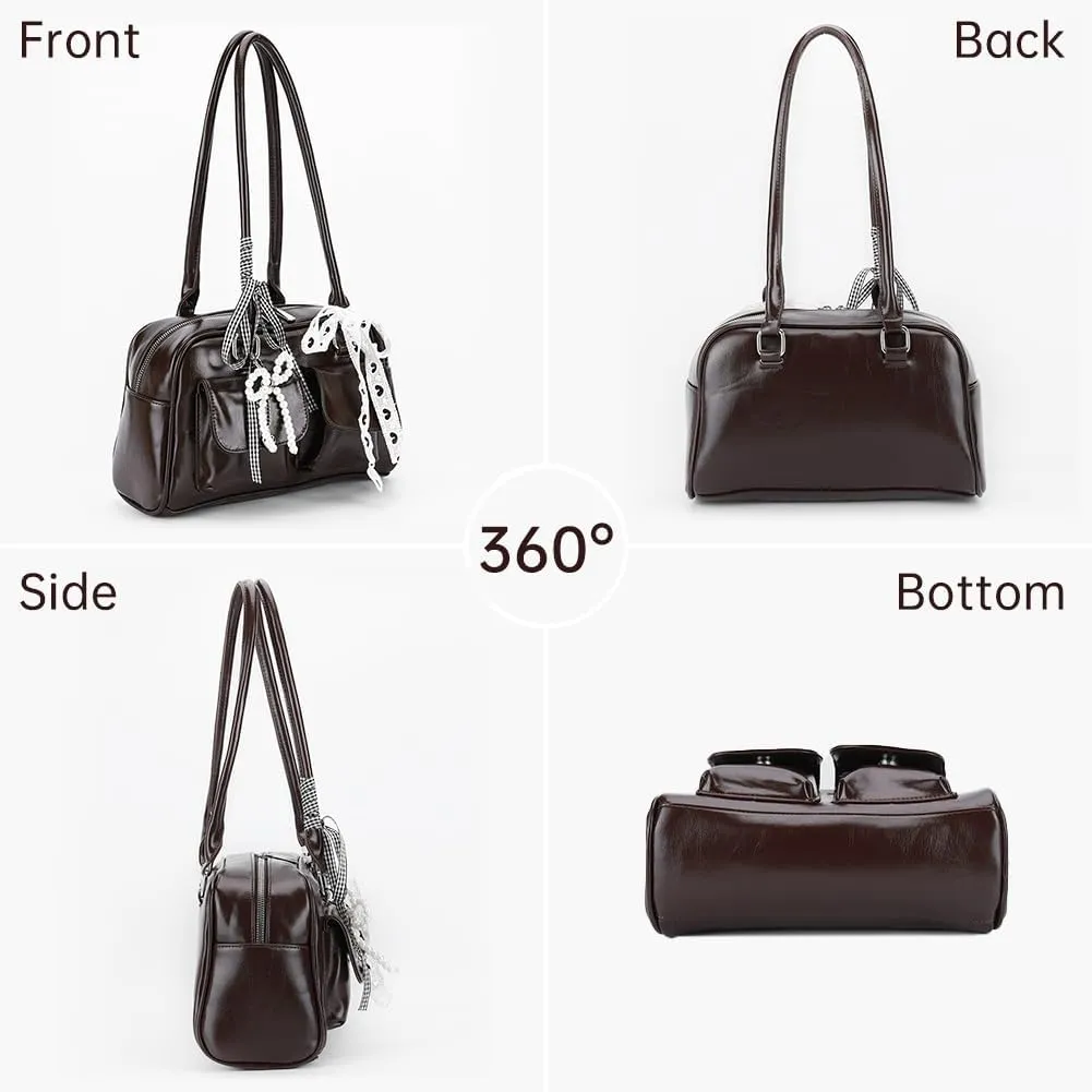 Cute Shoulder Bag for Women, Y2K Purse Aesthetic Japanese Tote, Burgundy Leather Bow Purse