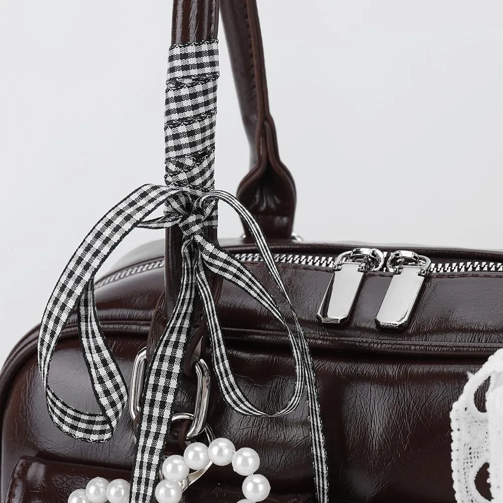 Cute Shoulder Bag for Women, Y2K Purse Aesthetic Japanese Tote, Burgundy Leather Bow Purse