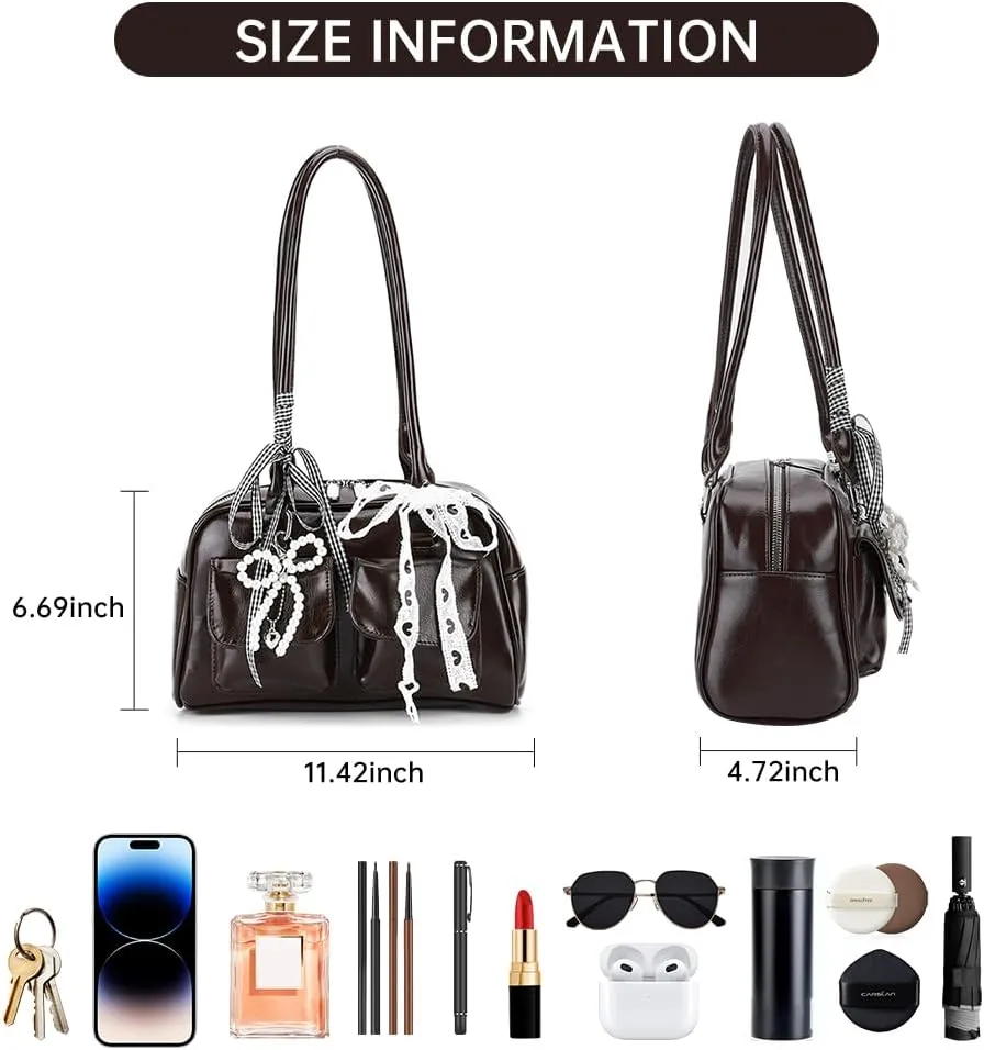 Cute Shoulder Bag for Women, Y2K Purse Aesthetic Japanese Tote, Burgundy Leather Bow Purse