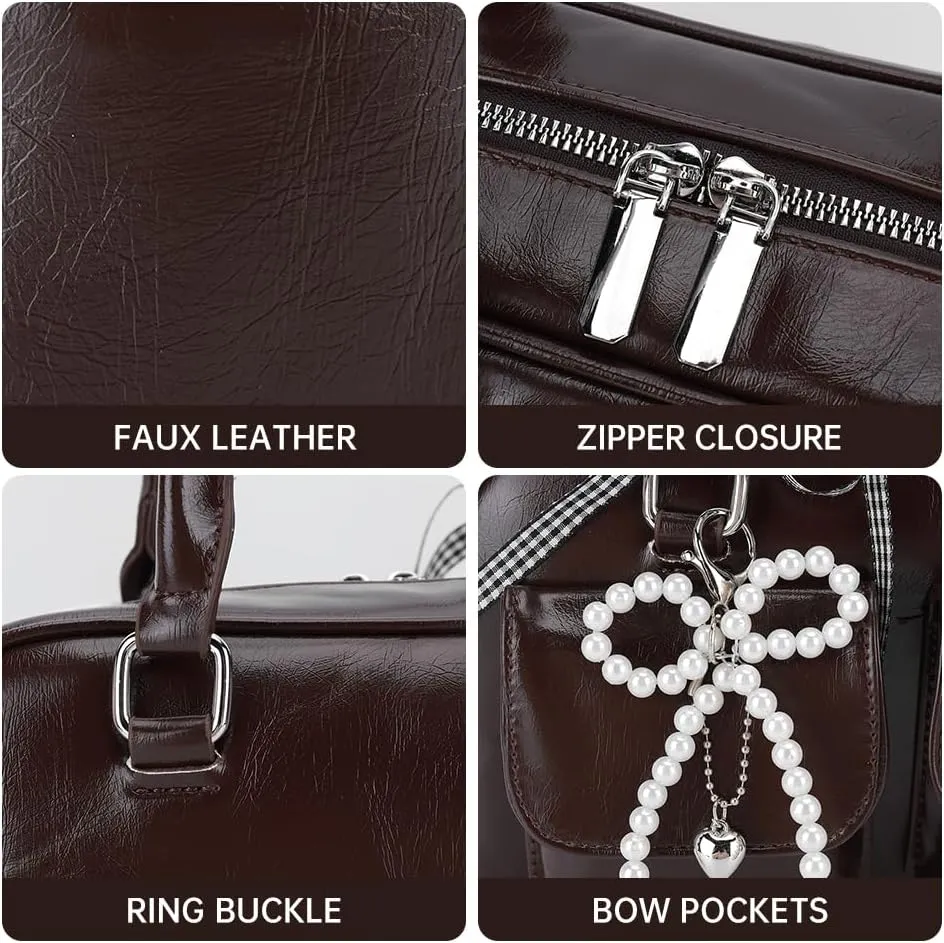 Cute Shoulder Bag for Women, Y2K Purse Aesthetic Japanese Tote, Burgundy Leather Bow Purse