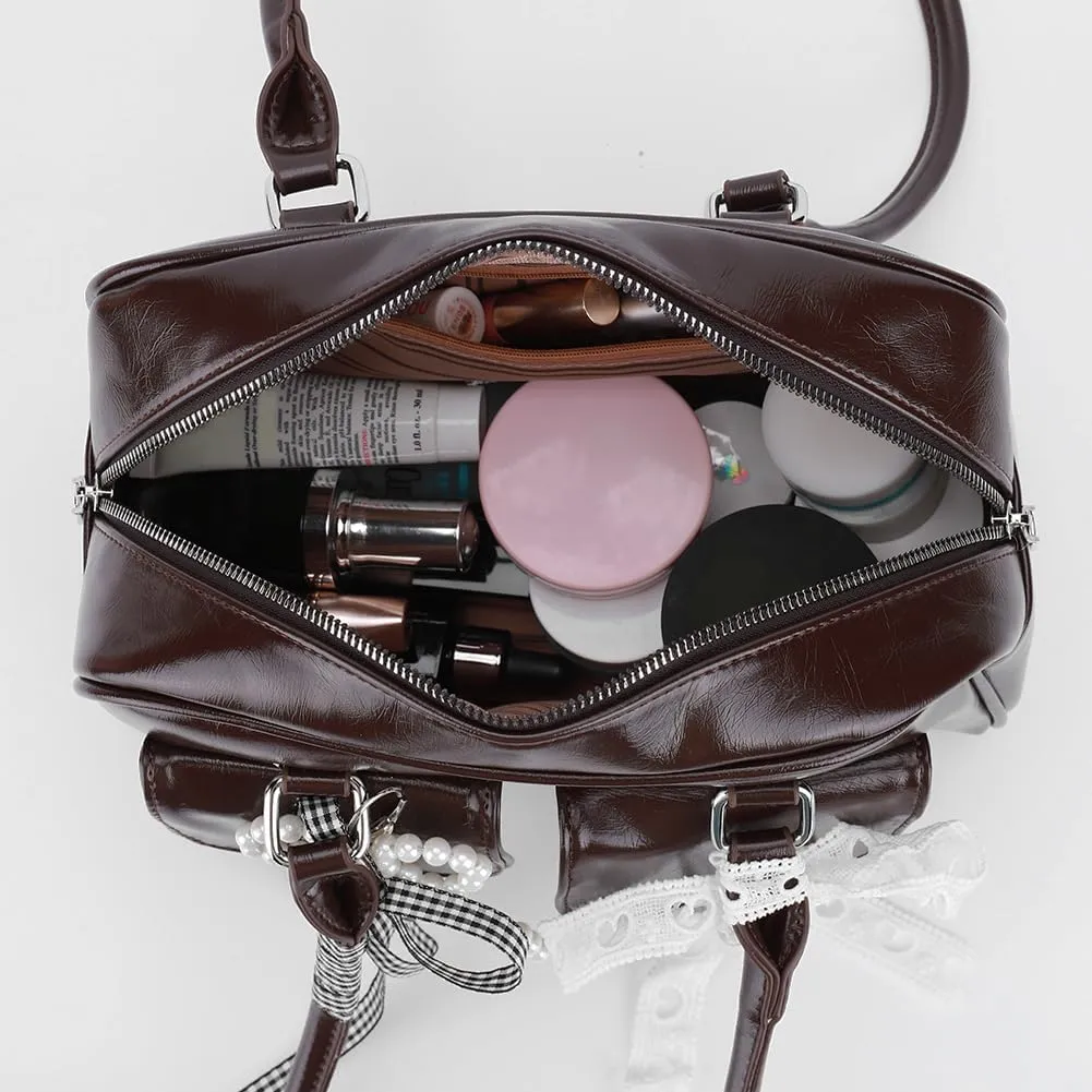 Cute Shoulder Bag for Women, Y2K Purse Aesthetic Japanese Tote, Burgundy Leather Bow Purse