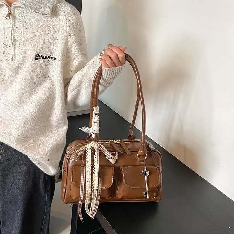 Cute Shoulder Bag for Women, Y2K Purse Aesthetic Japanese Tote, Burgundy Leather Bow Purse