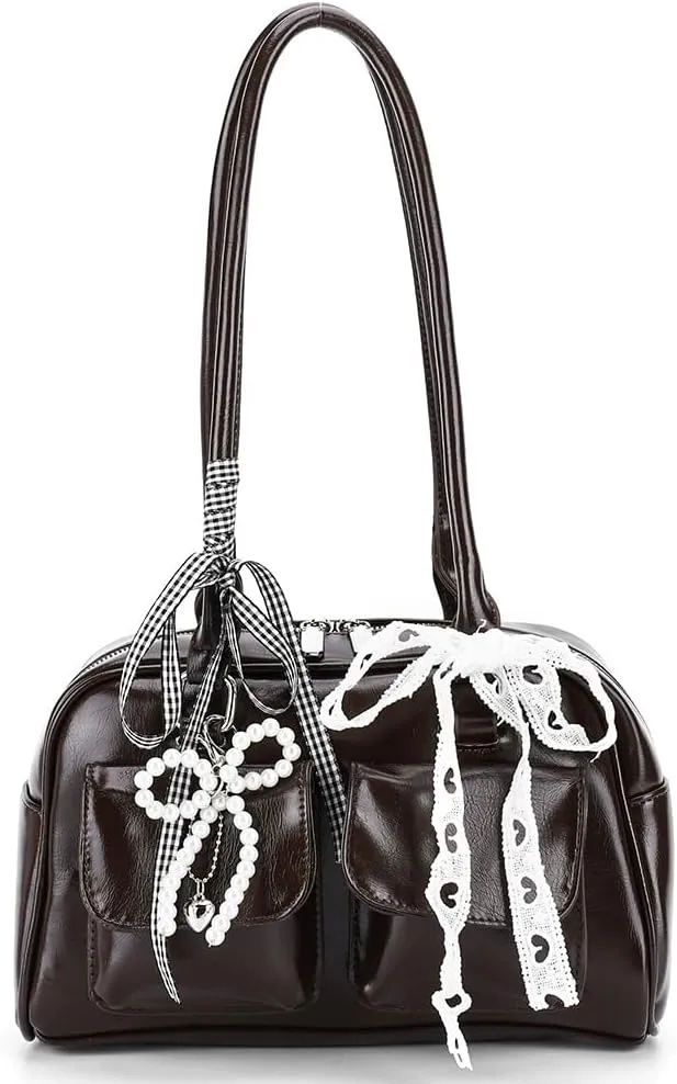 Cute Shoulder Bag for Women, Y2K Purse Aesthetic Japanese Tote, Burgundy Leather Bow Purse