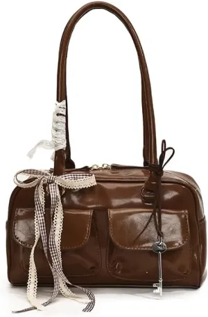 Cute Shoulder Bag for Women, Y2K Purse Aesthetic Japanese Tote, Burgundy Leather Bow Purse