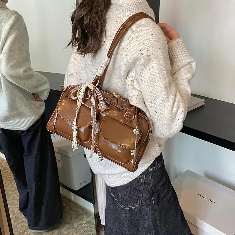 Cute Shoulder Bag for Women, Y2K Purse Aesthetic Japanese Tote, Burgundy Leather Bow Purse