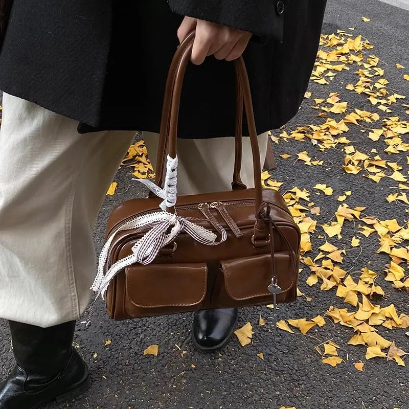 Cute Shoulder Bag for Women, Y2K Purse Aesthetic Japanese Tote, Burgundy Leather Bow Purse