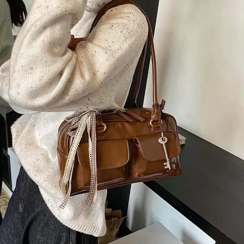Cute Shoulder Bag for Women, Y2K Purse Aesthetic Japanese Tote, Burgundy Leather Bow Purse