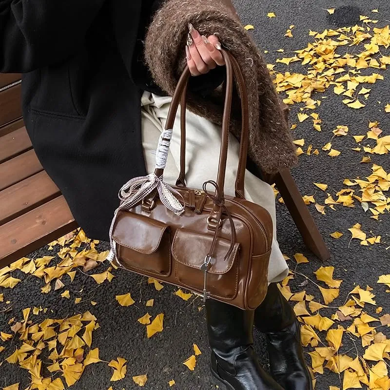 Cute Shoulder Bag for Women, Y2K Purse Aesthetic Japanese Tote, Burgundy Leather Bow Purse