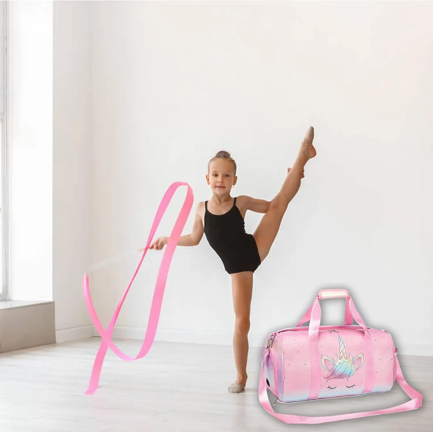 Dance Bag for Girls Unicorn Glitter Rainbow Duffle Bag Ballet Bag for Girls Travel Overnight Bag Girls Sports Gym Bag with Shoe Compartment