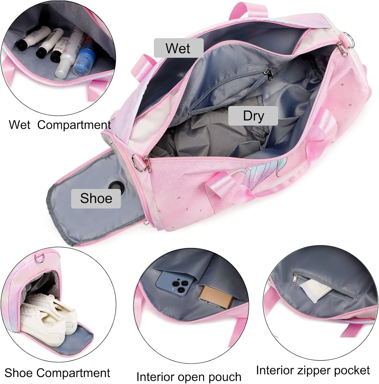 Dance Bag for Girls Unicorn Glitter Rainbow Duffle Bag Ballet Bag for Girls Travel Overnight Bag Girls Sports Gym Bag with Shoe Compartment
