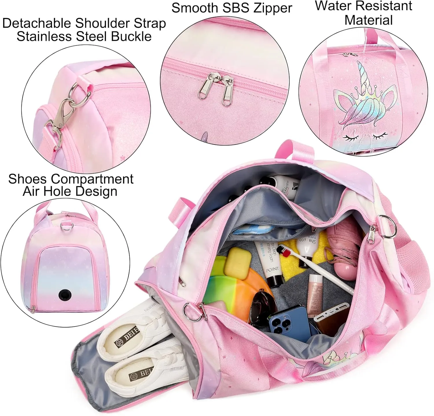 Dance Bag for Girls Unicorn Glitter Rainbow Duffle Bag Ballet Bag for Girls Travel Overnight Bag Girls Sports Gym Bag with Shoe Compartment