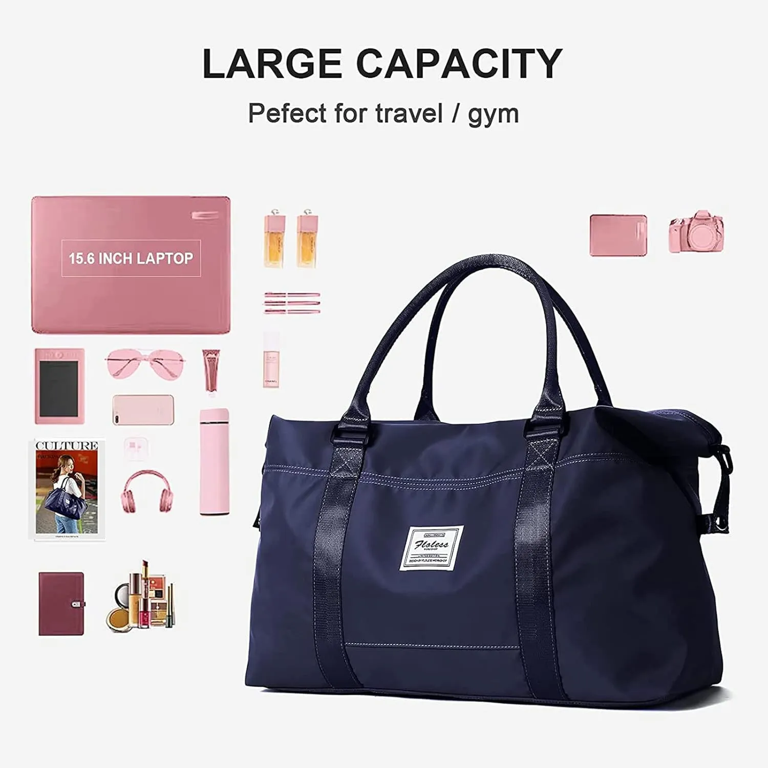 Dark Blue Sport Travel Duffle Bag Large Gym Tote Bag for Women, Weekender Bag Carry on Bag for Airplane, Ladies Beach Overnight Bag Waterproof Luggage Bags with Wet Pocket