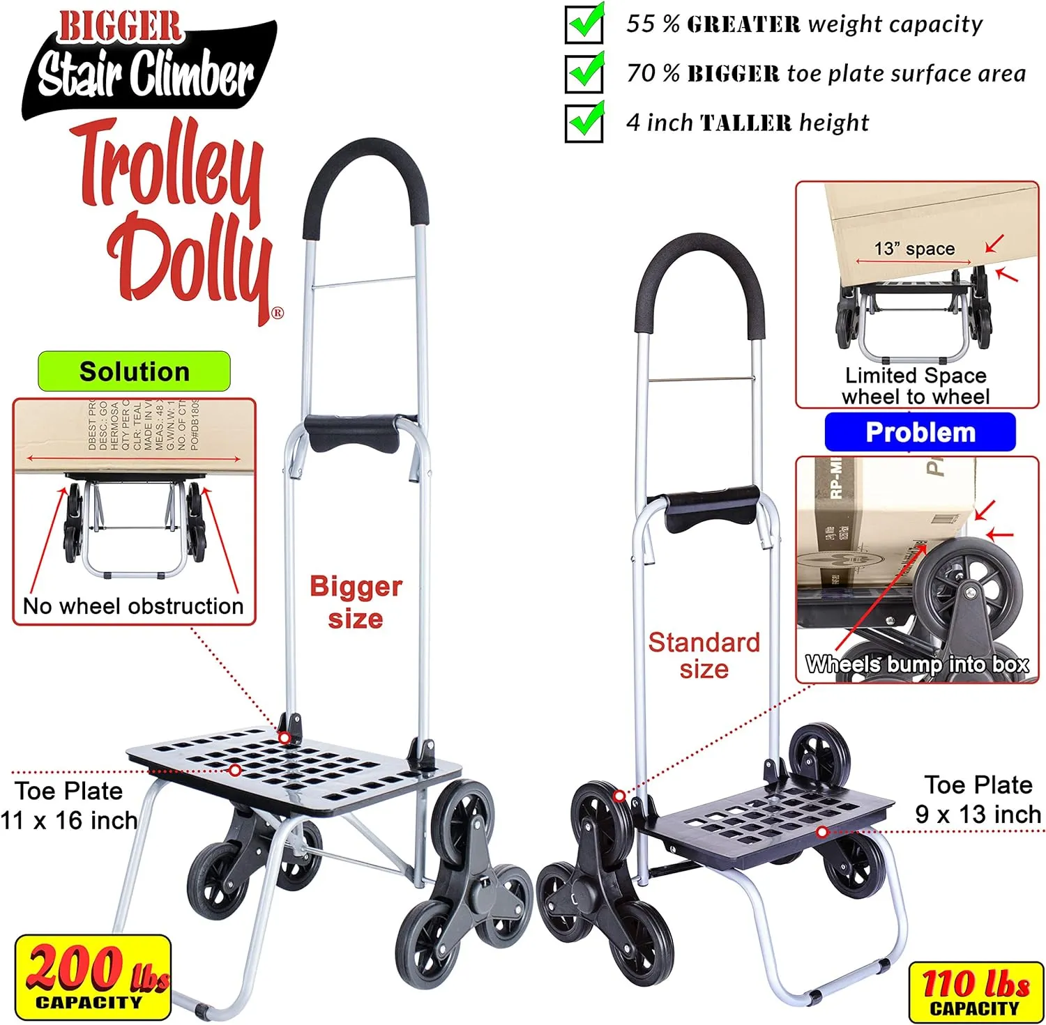 dbest products Stair Climber Bigger Trolley Dolly, Black Grocery Shopping Foldable Cart Condo Apartment 44 Inch