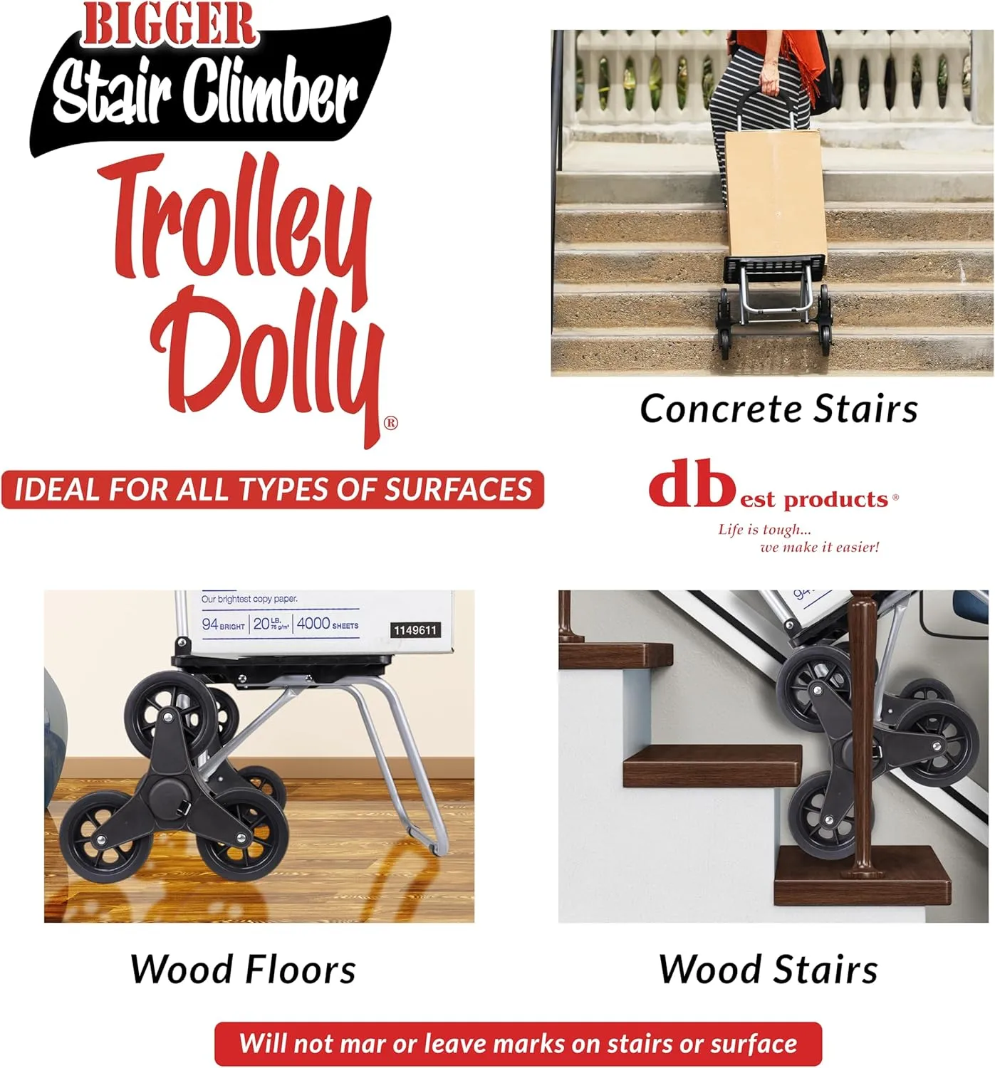 dbest products Stair Climber Bigger Trolley Dolly, Black Grocery Shopping Foldable Cart Condo Apartment 44 Inch