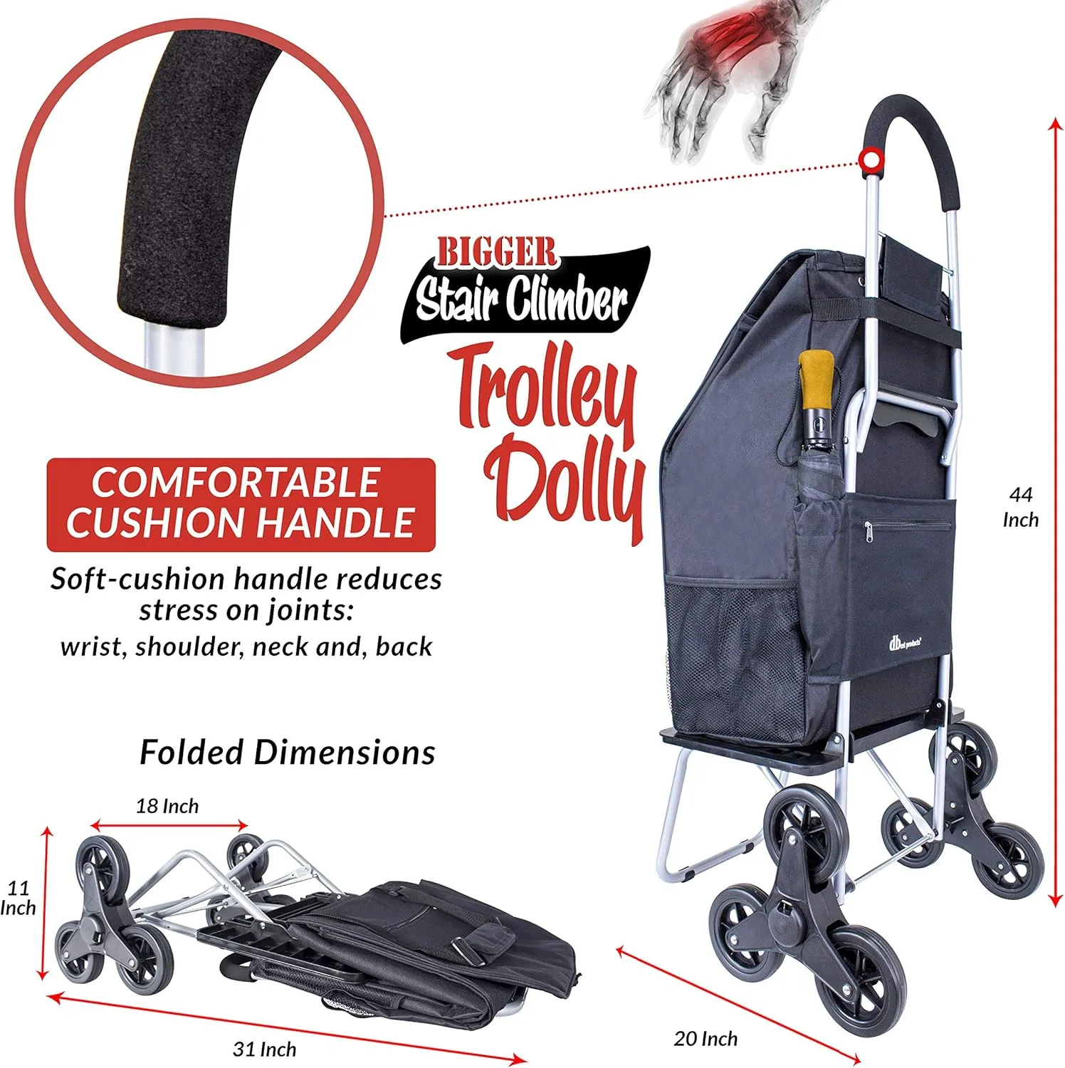 dbest products Stair Climber Bigger Trolley Dolly, Black Grocery Shopping Foldable Cart Condo Apartment 44 Inch