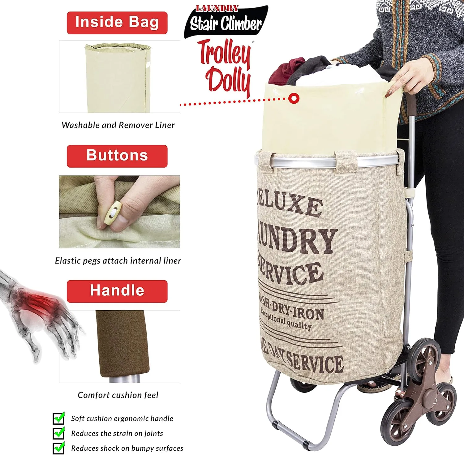 dbest products Stair Climber Laundry Trolley Dolly, Beige Laundry Bag Hamper Basket cart with wheels sorter