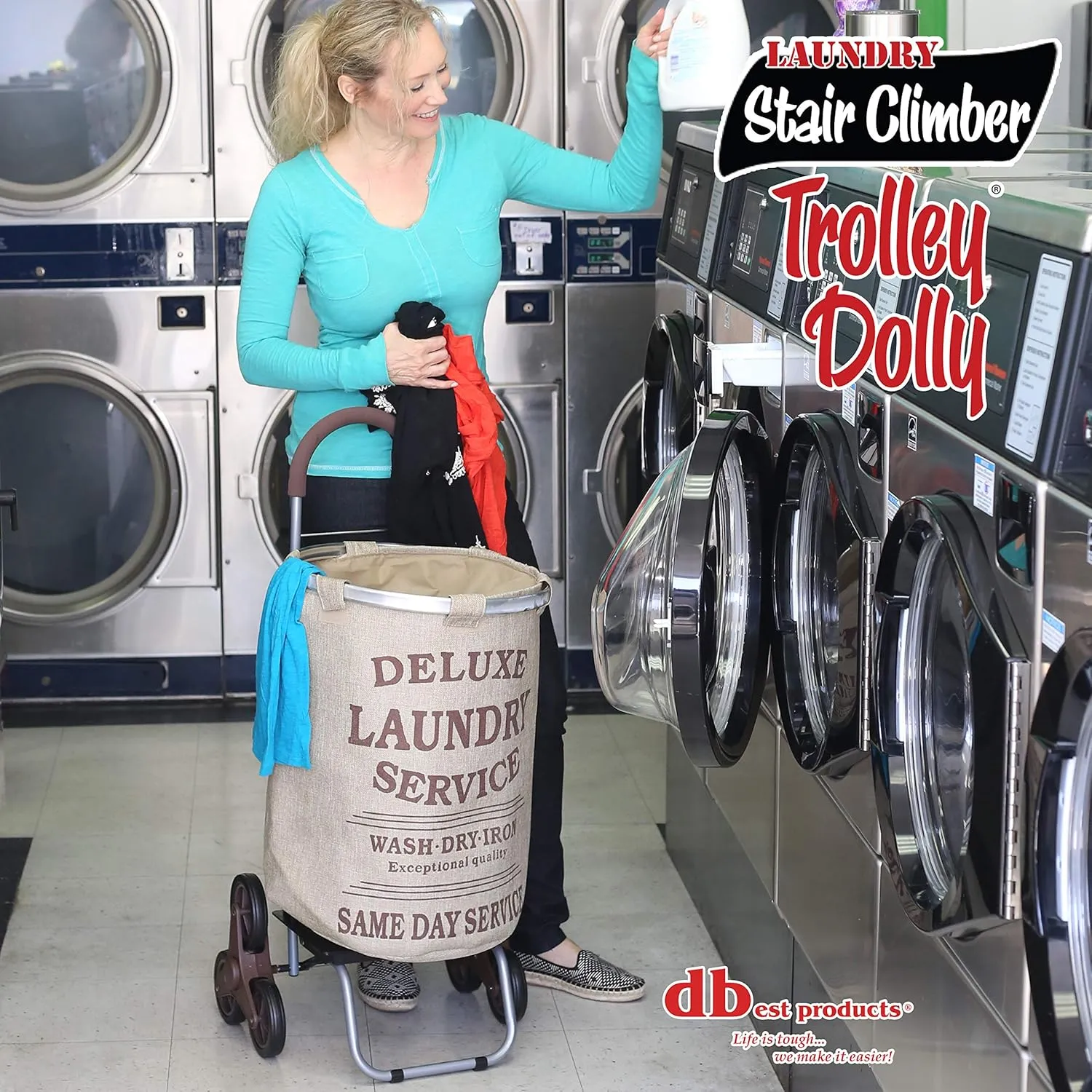 dbest products Stair Climber Laundry Trolley Dolly, Beige Laundry Bag Hamper Basket cart with wheels sorter