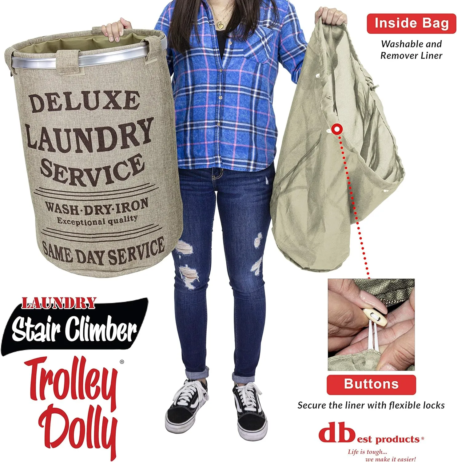 dbest products Stair Climber Laundry Trolley Dolly, Beige Laundry Bag Hamper Basket cart with wheels sorter