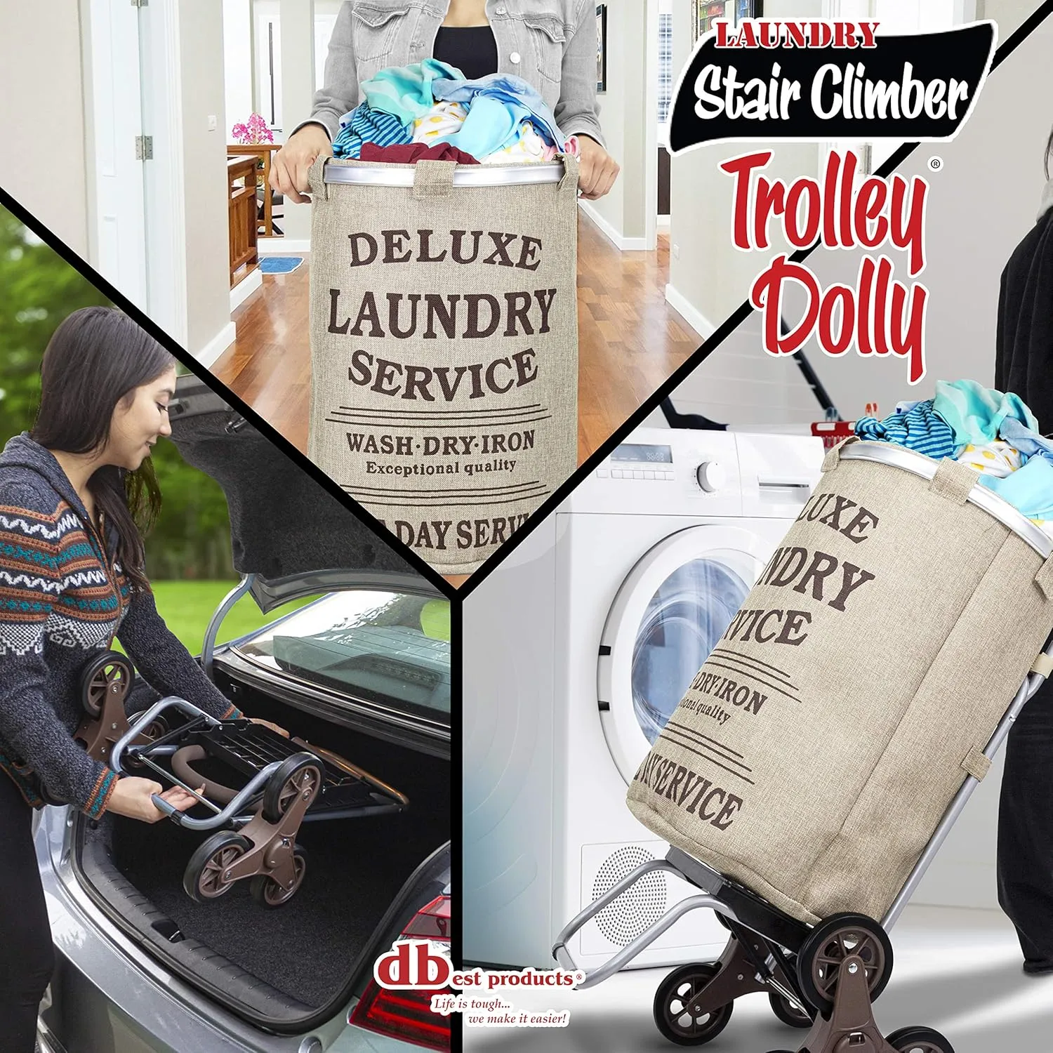 dbest products Stair Climber Laundry Trolley Dolly, Beige Laundry Bag Hamper Basket cart with wheels sorter