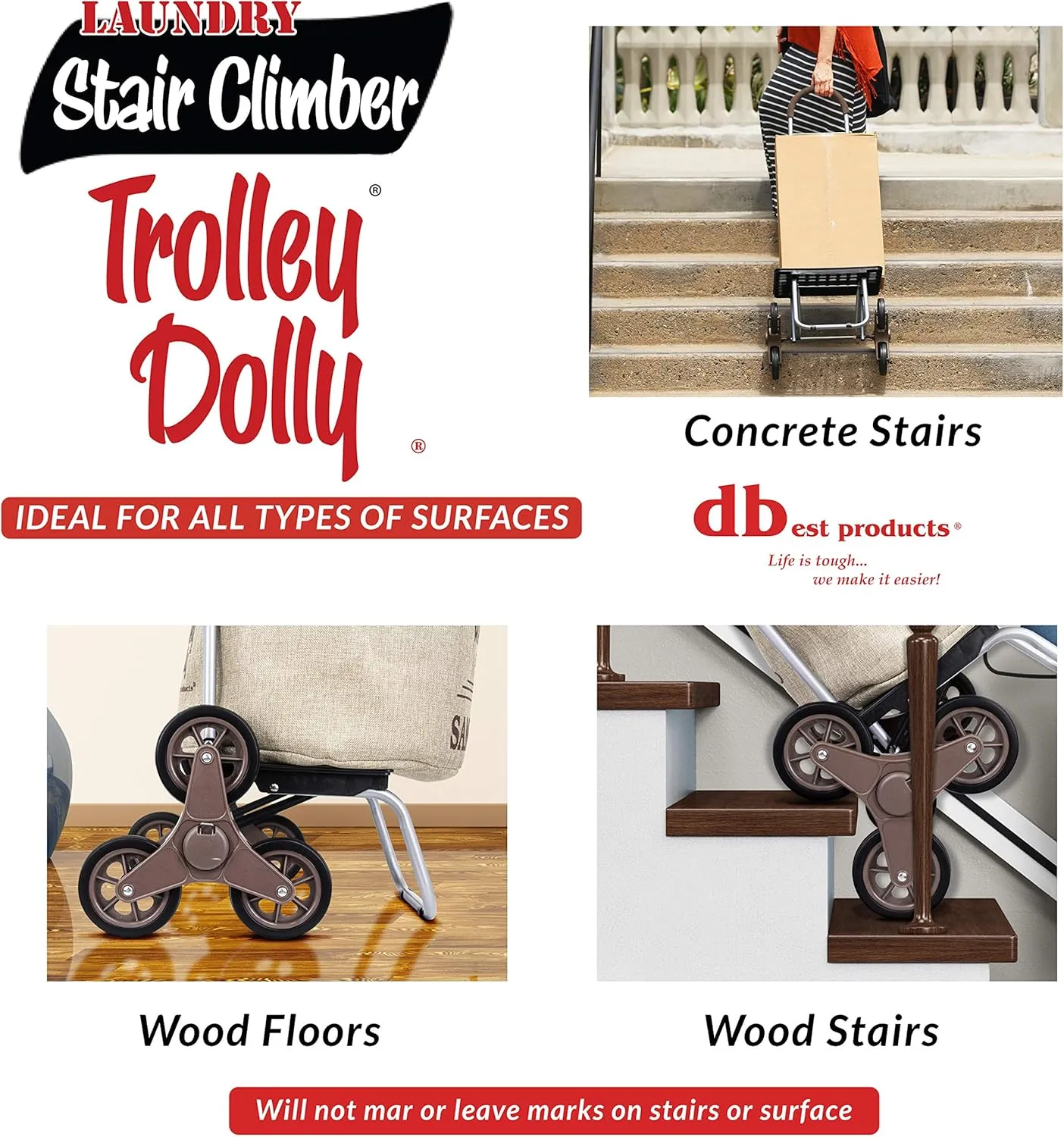 dbest products Stair Climber Laundry Trolley Dolly, Beige Laundry Bag Hamper Basket cart with wheels sorter