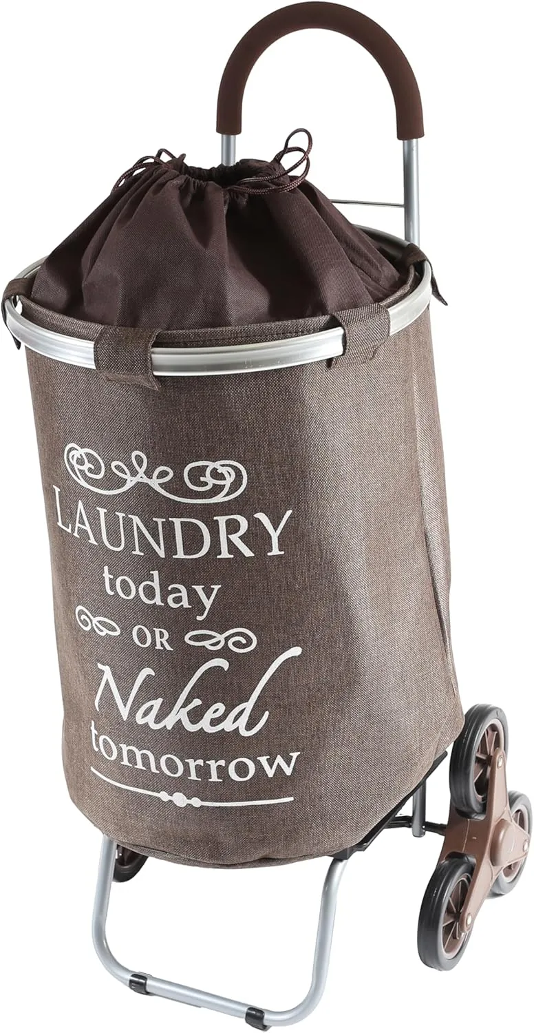 dbest products Stair Climber Laundry Trolley Dolly, Brown Laundry Bag Hamper Basket cart with wheels sorter
