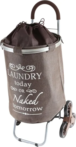 dbest products Stair Climber Laundry Trolley Dolly, Brown Laundry Bag Hamper Basket cart with wheels sorter
