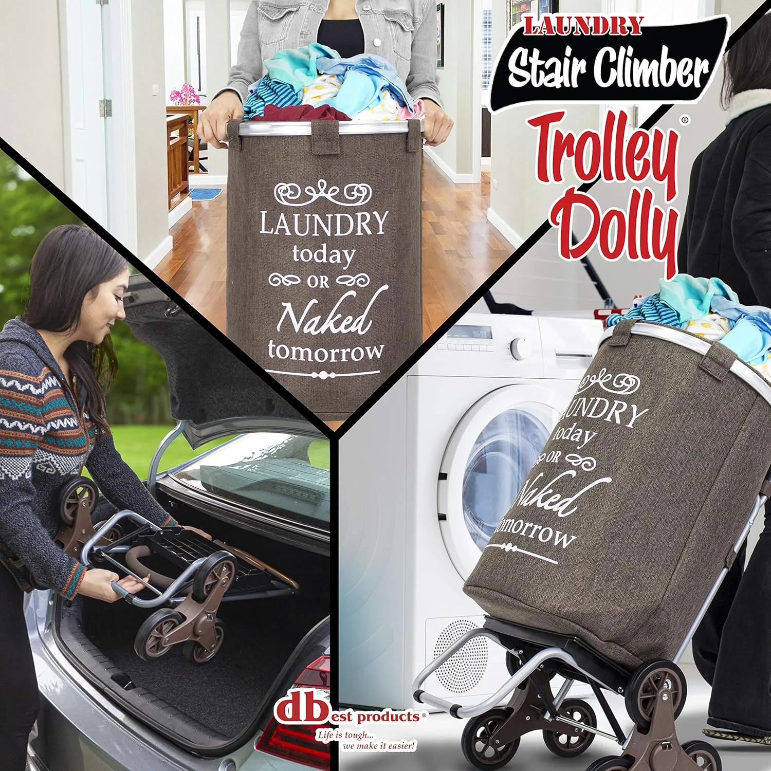 dbest products Stair Climber Laundry Trolley Dolly, Brown Laundry Bag Hamper Basket cart with wheels sorter