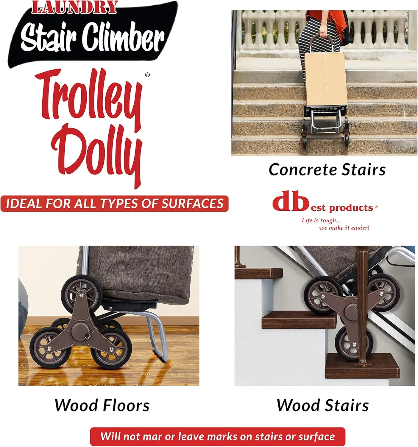 dbest products Stair Climber Laundry Trolley Dolly, Brown Laundry Bag Hamper Basket cart with wheels sorter
