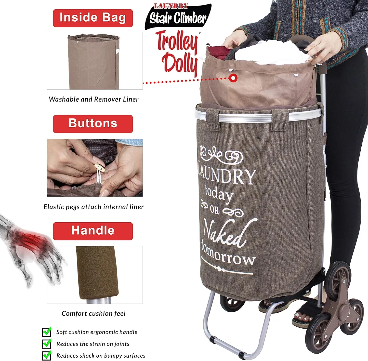 dbest products Stair Climber Laundry Trolley Dolly, Brown Laundry Bag Hamper Basket cart with wheels sorter