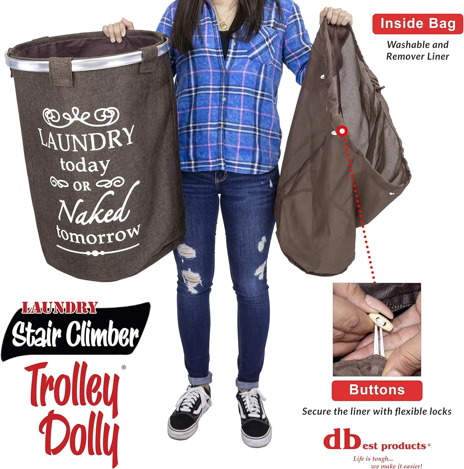 dbest products Stair Climber Laundry Trolley Dolly, Brown Laundry Bag Hamper Basket cart with wheels sorter