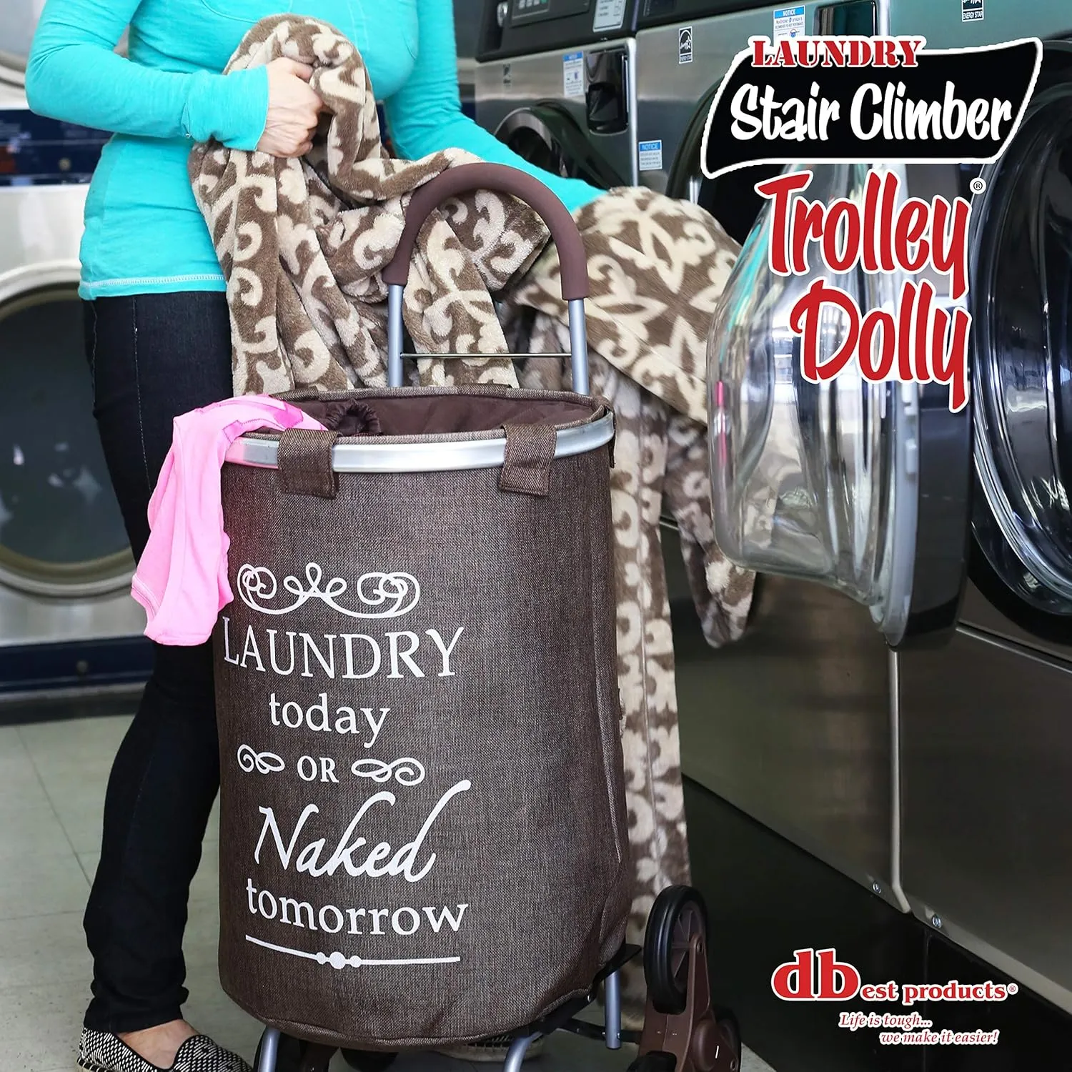 dbest products Stair Climber Laundry Trolley Dolly, Brown Laundry Bag Hamper Basket cart with wheels sorter