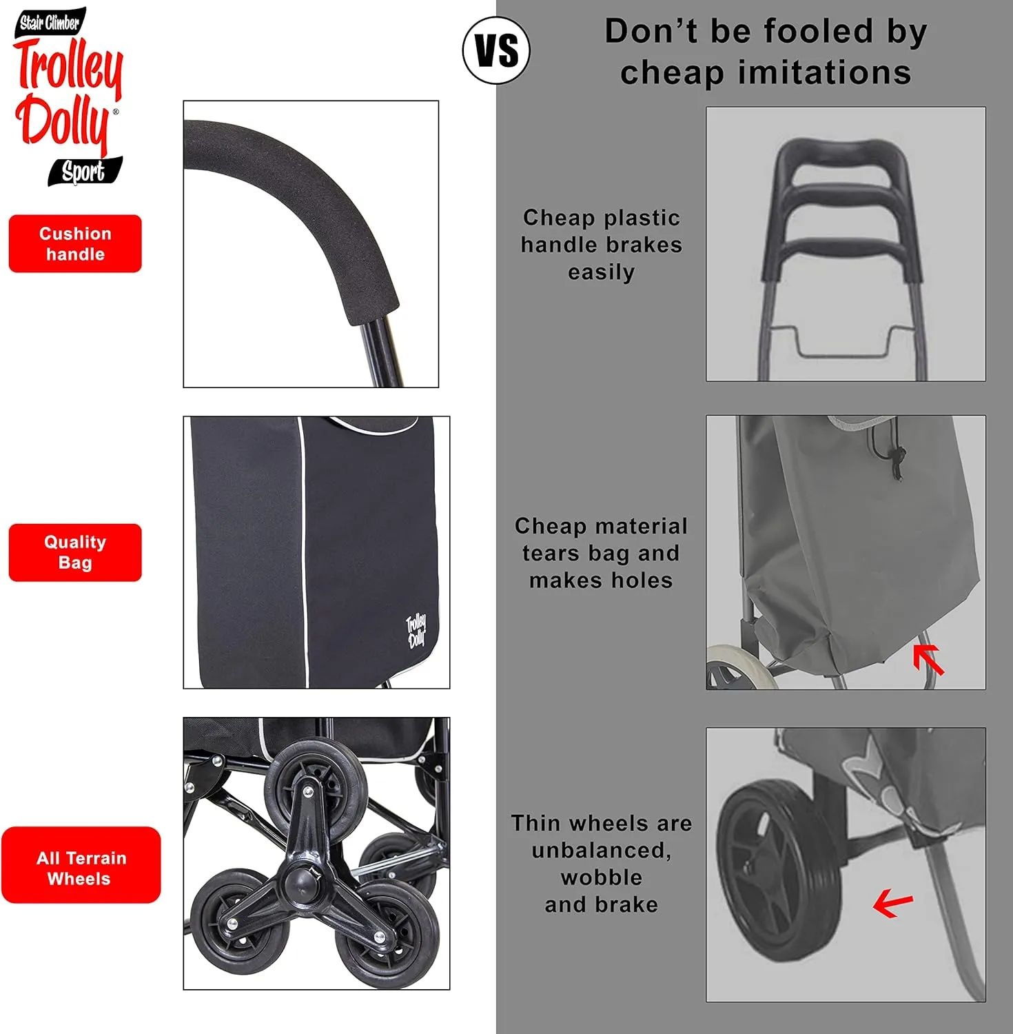 dbest products Stair Climber Trolley Dolly Sport Grocery Cart 3 Wheels Heavy Duty Shopping Hand Truck Made for Condos Apartments, 40 inch Handle Height Carrito de Compras con Ruedas, Black
