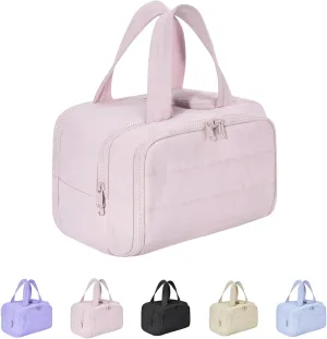Decisive Makeup Bag, Large Capacity Wide-Open Travel Cosmetic Bag, Lightweight Toiletry Organizer for Traveling, 4-in-1 Puffy Multi-Functional Travel Toiletry Bags for Women (Pink)