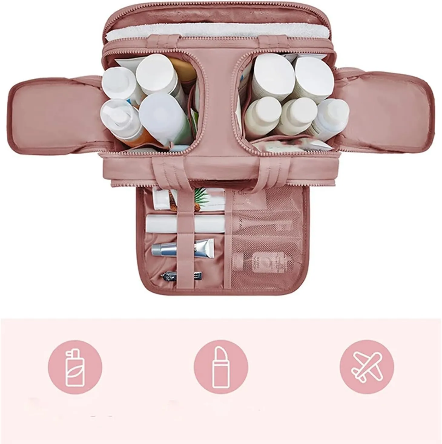 Decisive Makeup Bag, Large Capacity Wide-Open Travel Cosmetic Bag, Lightweight Toiletry Organizer for Traveling, 4-in-1 Puffy Multi-Functional Travel Toiletry Bags for Women (Pink)