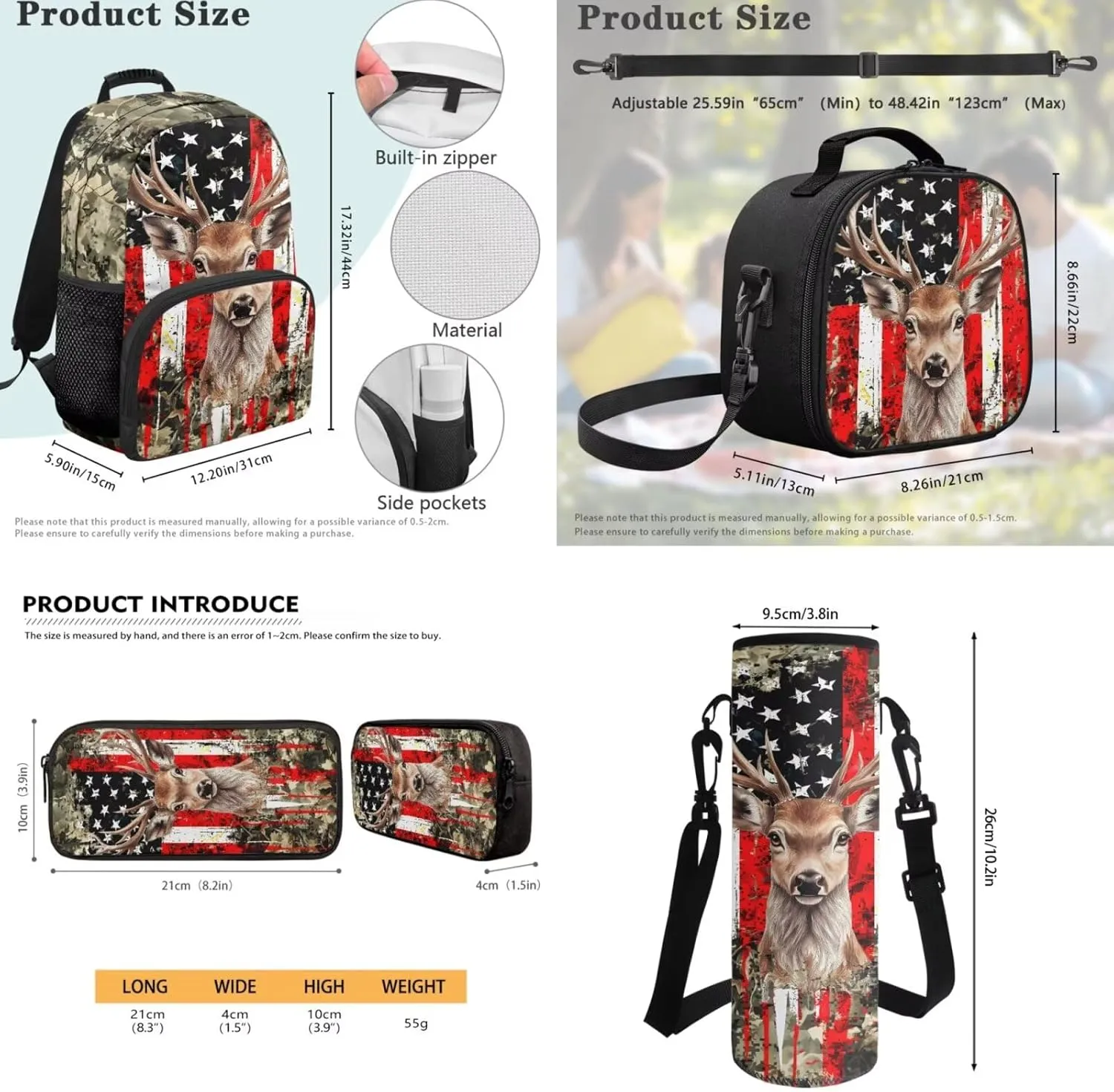 Deer Backpack for Girls Boys Bookbag with Lunch Box, American Flag Hunting Camo Children School Bag with Lunch Bag Pencil Case Water Bottle Holder Set 4 in 1 School Supplies