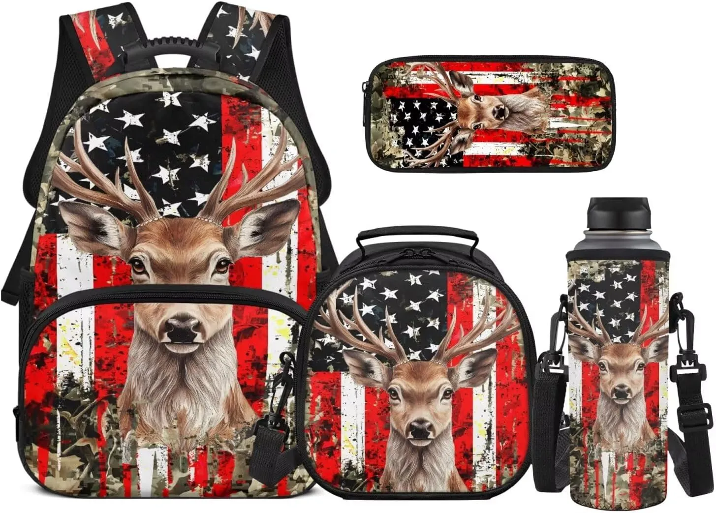 Deer Backpack for Girls Boys Bookbag with Lunch Box, American Flag Hunting Camo Children School Bag with Lunch Bag Pencil Case Water Bottle Holder Set 4 in 1 School Supplies