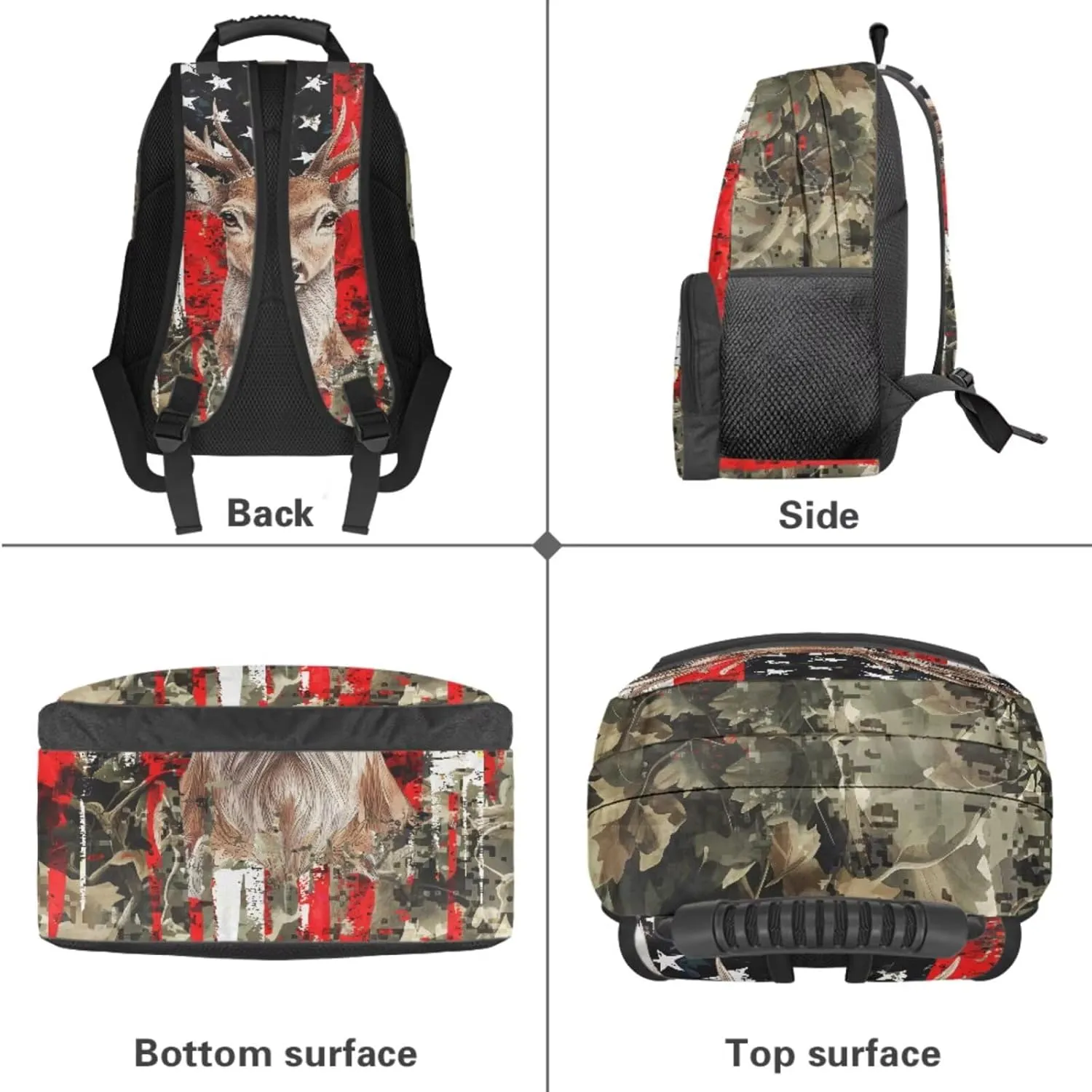 Deer Backpack for Girls Boys Bookbag with Lunch Box, American Flag Hunting Camo Children School Bag with Lunch Bag Pencil Case Water Bottle Holder Set 4 in 1 School Supplies