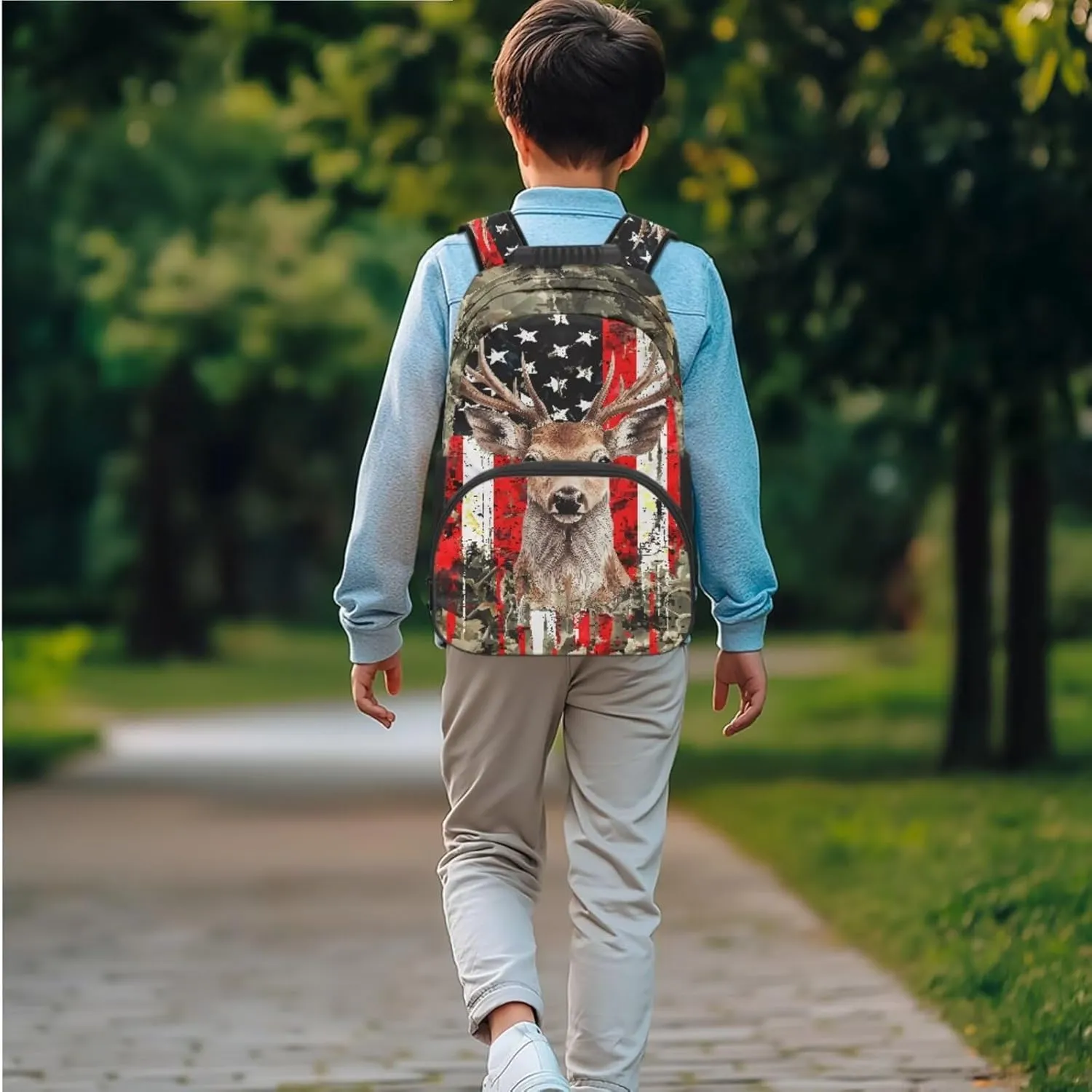 Deer Backpack for Girls Boys Bookbag with Lunch Box, American Flag Hunting Camo Children School Bag with Lunch Bag Pencil Case Water Bottle Holder Set 4 in 1 School Supplies
